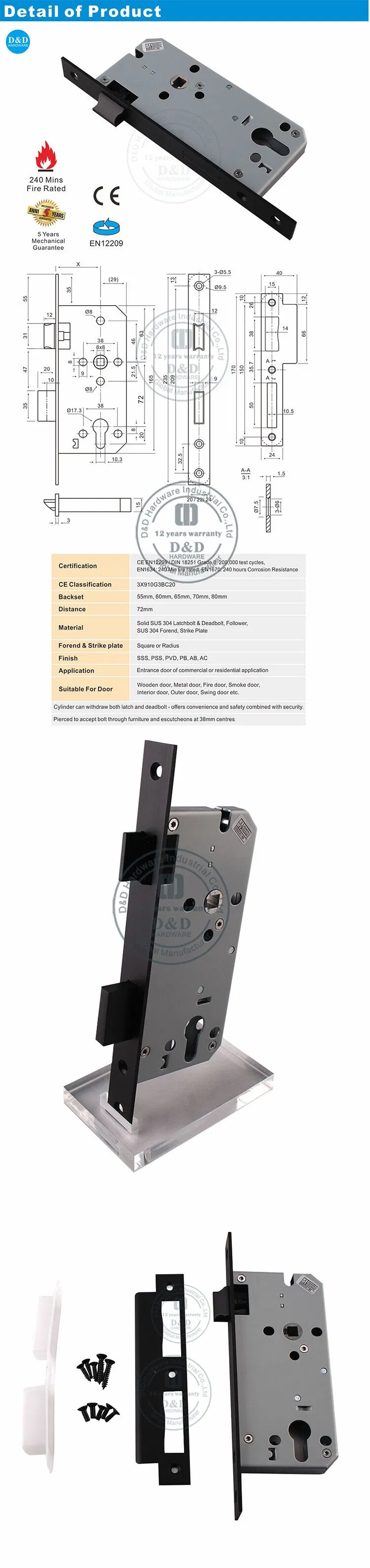 BS En12209 Stainless Steel 304 Black CE Euro Security Fire Resistance Master Key Cylinder Lock Construction Ironmongery Mortise Door Lock