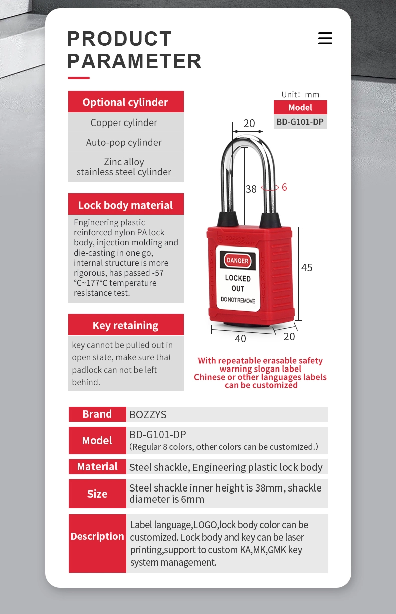 Custom Laser Coding and Label Safety Dust-Proof Padlock with 6*38mm Hardened Steel Shackle