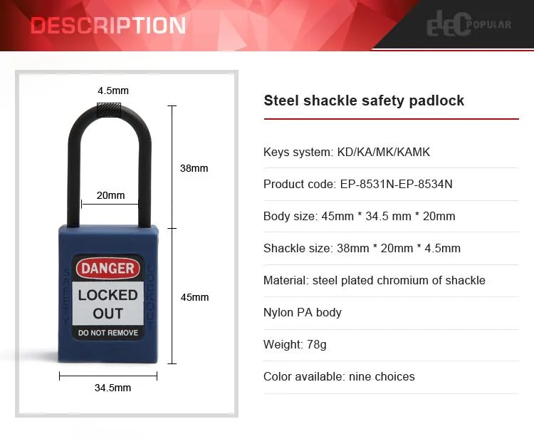 Lockey Loto New Design Steel Shackle Safety Padlock with Master Keysafety Lock out Tag out