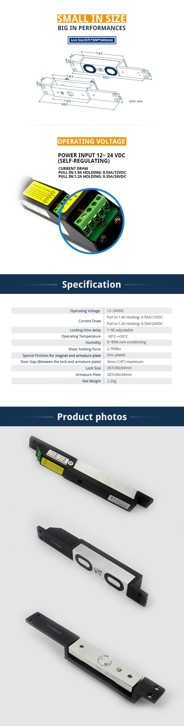 2700lbs (1200kg) High Security Electric Door Electromagnetic Shear Lock with Delay and Signal Output