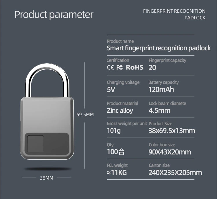 Mini Size Rechargeable High Security Travel Zinc Alloy Padlock Fingerprint