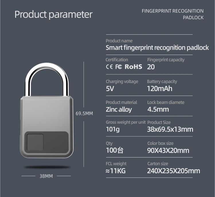 Customization Zinc Aluminum Alloy Metal Shell Ultrathin Fingerprint Identification Convenient Intelligence Padlock Wholesale OEM