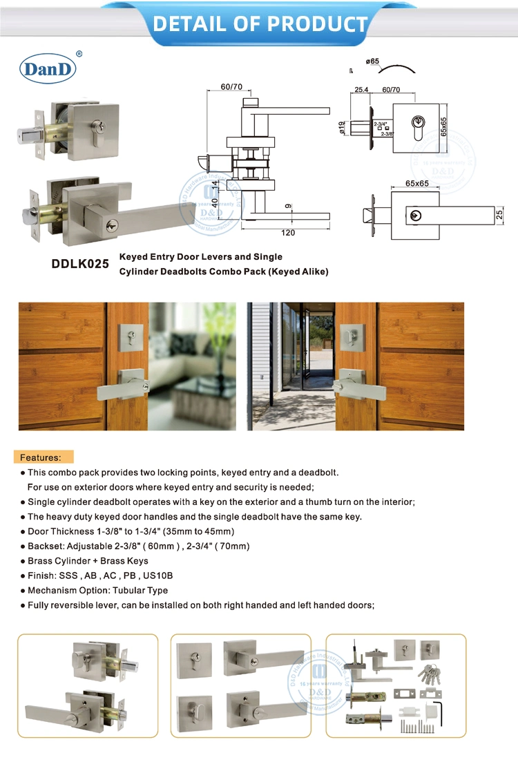 Satin Nickel Exterior Metal Door Hardware Zinc Alloy Stainless Steel Security Double Cylinder Keys Tubular Square Cylindrical Door Lever Knob Handle Lock