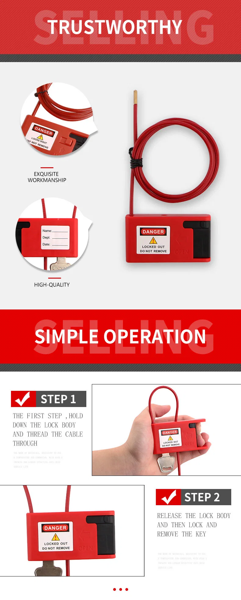 Steel Wire Wrapped in Red Plastic Safety Lockout Tagout Safe Lock Loto