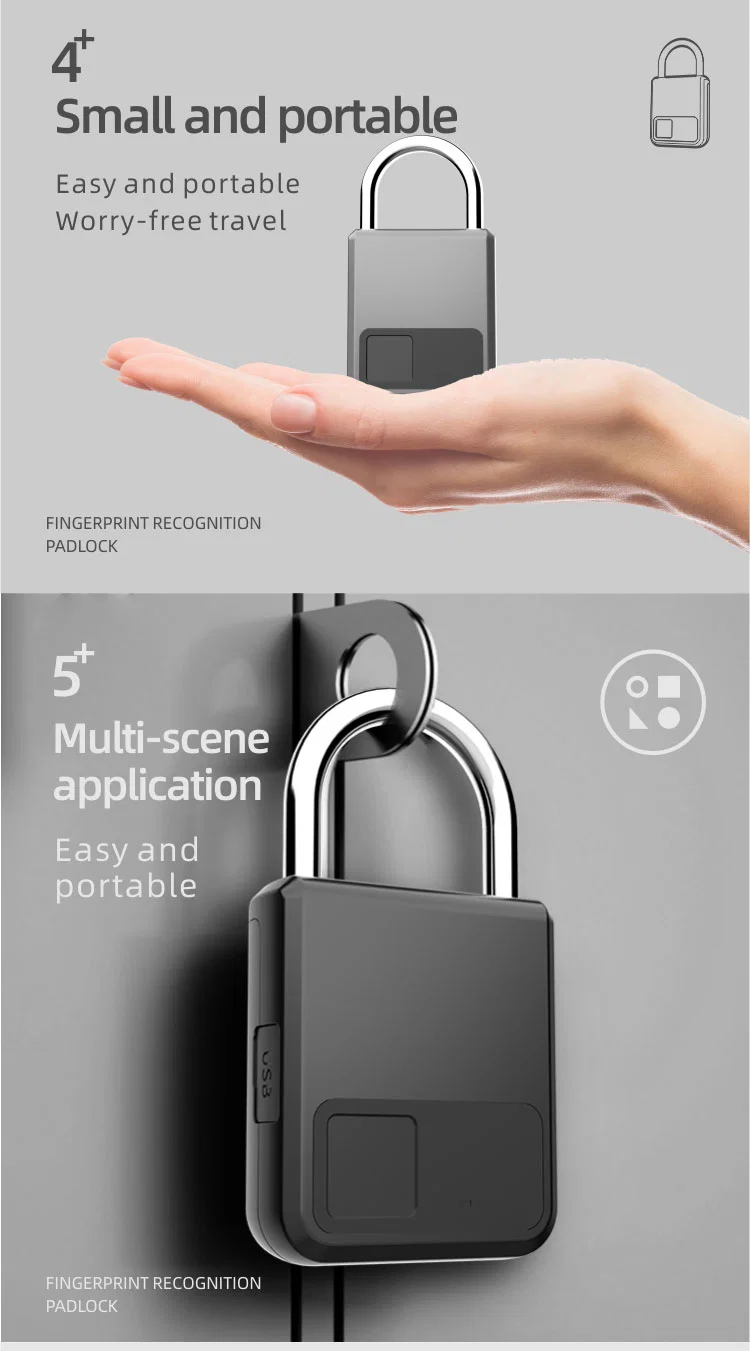 Mini Size Rechargeable High Security Travel Zinc Alloy Padlock Fingerprint
