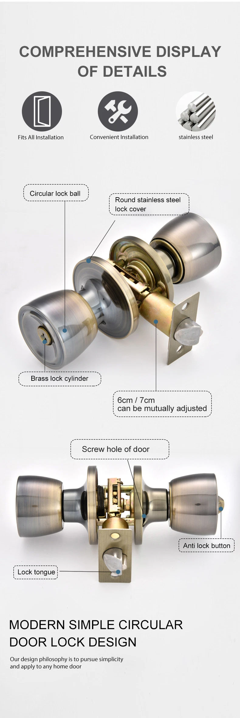 Entry Privacy Round Ball Cylindrical Stainless Steel Cylindrical Door Knob Lock