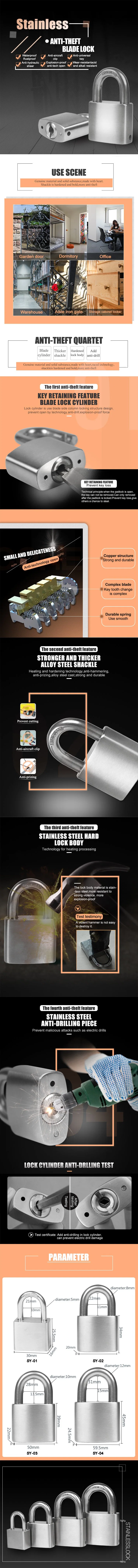 Boshi 40mm Frosted Wire Drawing Stainless Steel Square Padlock Sy-02