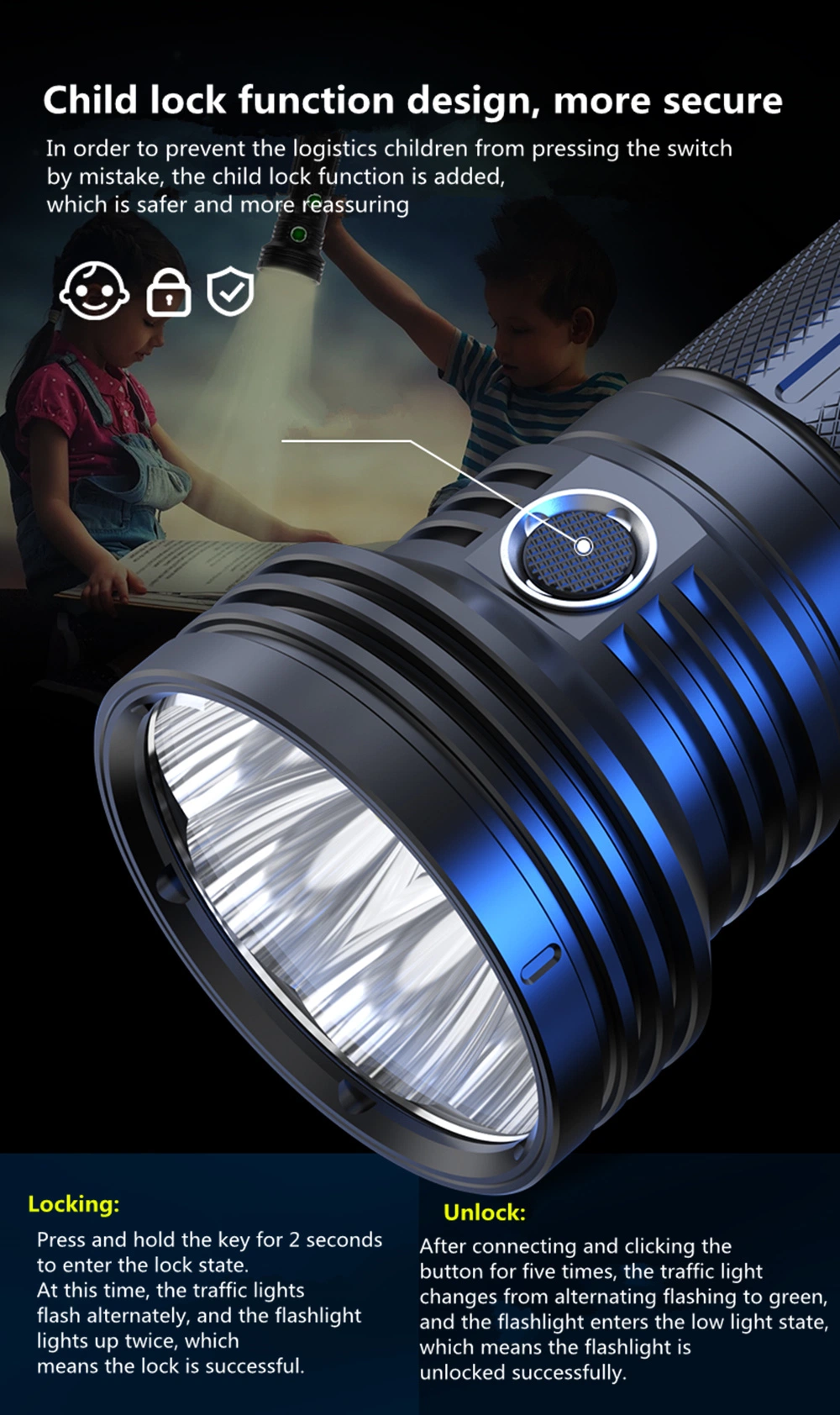 Helius 45000 Lumens 8*P70 Beads Wine Appraisal Child Safety Lock LED Flashlights