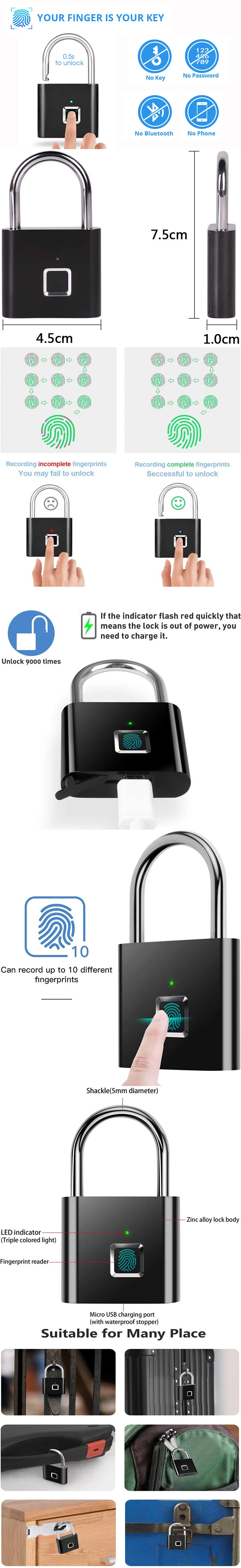 Electronic Smart Intelligent Fingerprint Password Key Home Office Security Door Padlock