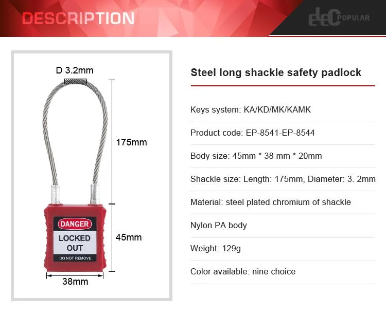 China Supplier 175mm Steel Cable Shackle Safety Padlock