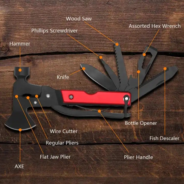 13 in 1 Survival Tools New Design Multitool Survival Axe Hammer Camping Tool with Safety Locks for Men Gifts