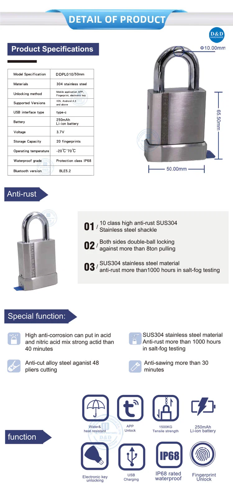 Stainless Steel High Security Waterproof Intelligent Fingerprint Padlock with Protector