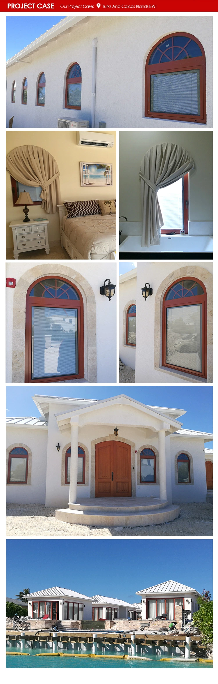 Wooden Color Aluminum Fixed Arch Top Windows