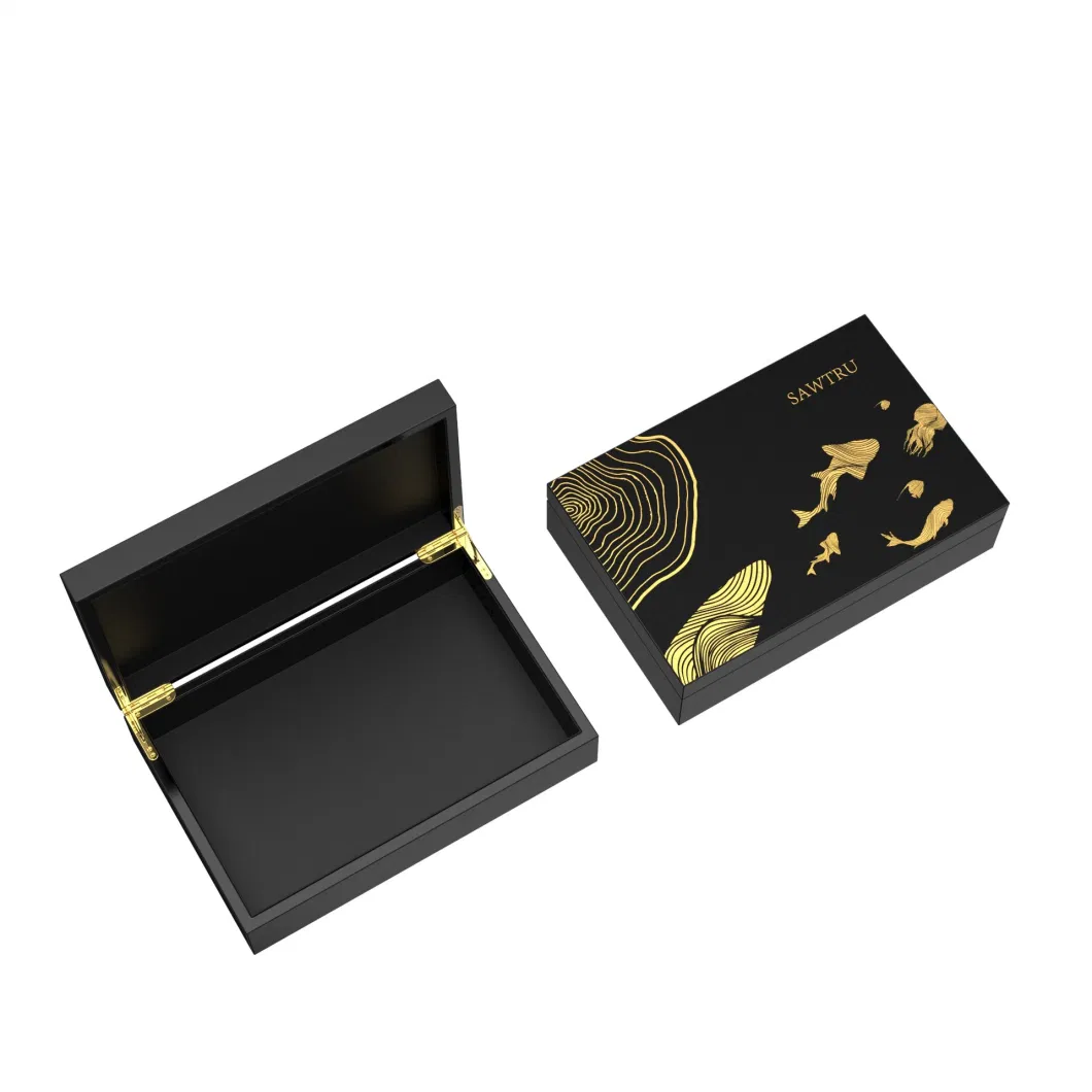 Gold Fish and Lotus Silk Printed Black Glossy Painted Wooden Box
