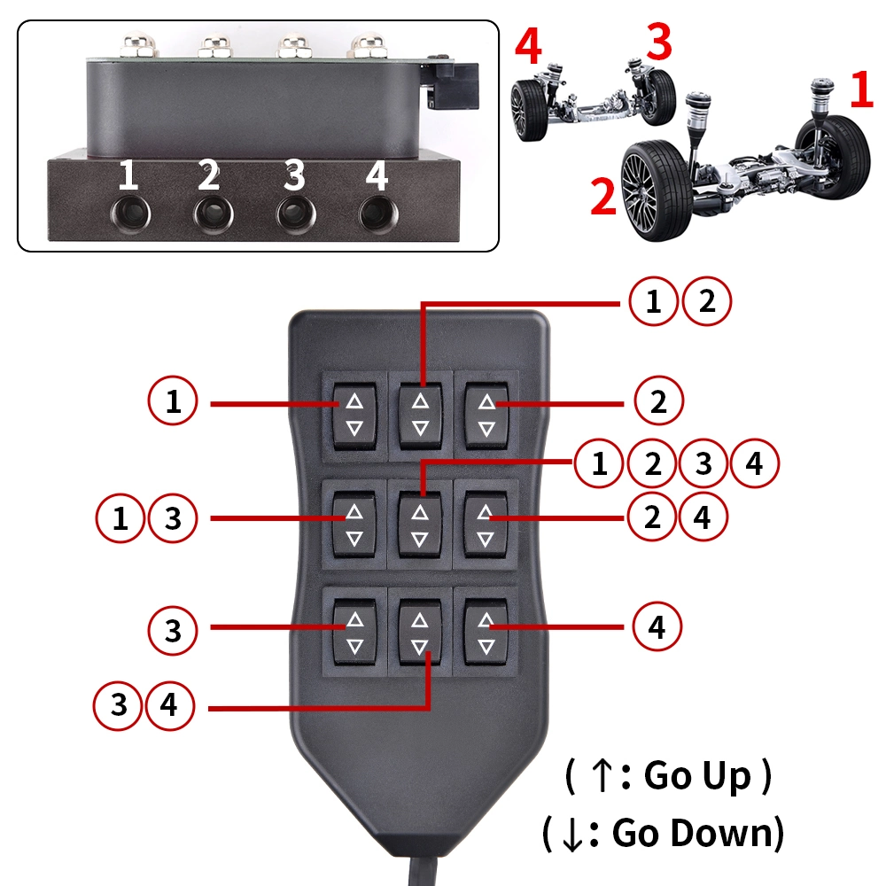 NPT1/4 DC 12V Vu4 Air Ride Suspension Manifold Valve Block Car and Truck (0-300psi) with 5m 9-Switch Wired Remote Controller