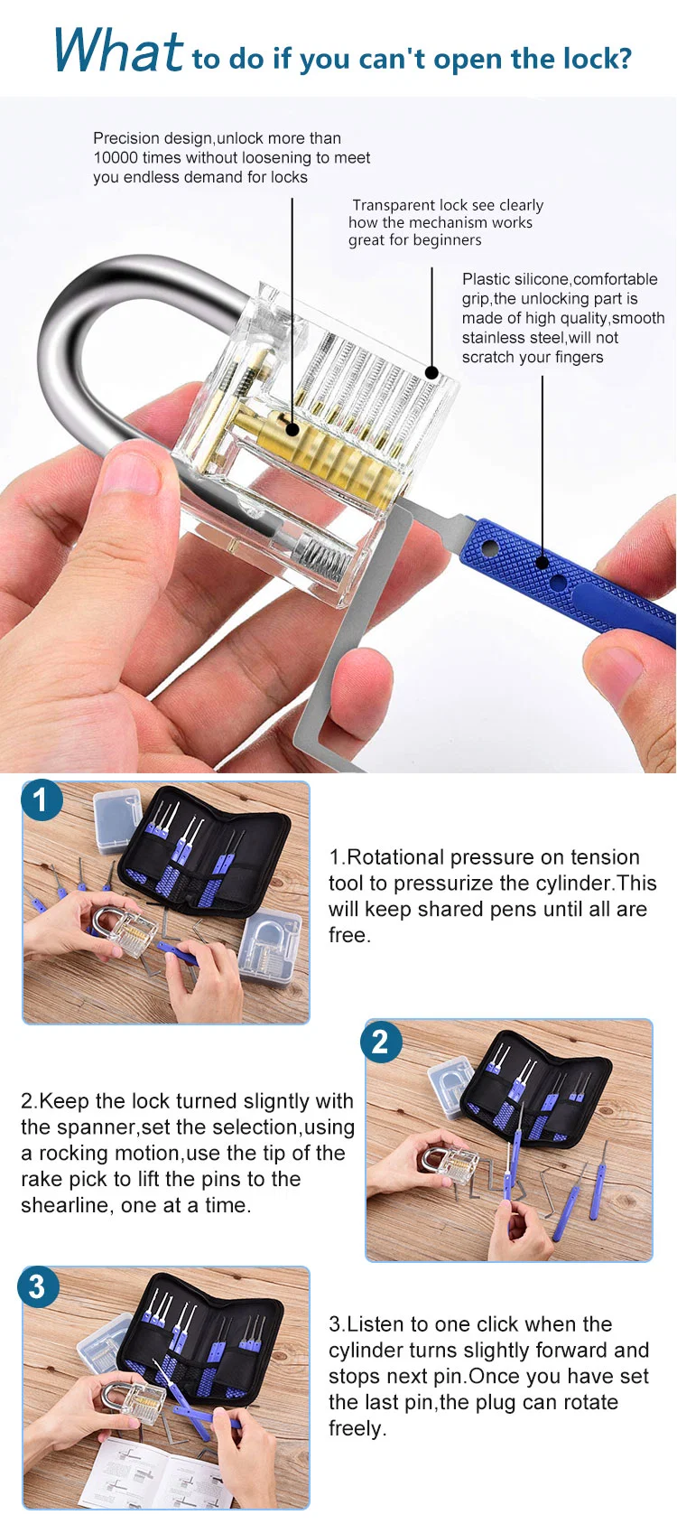 Cards and 3 Transparent Locks 17 Piece Locksmith Gift Training Set Lockpicking Tools Extractor Locksmith Picks