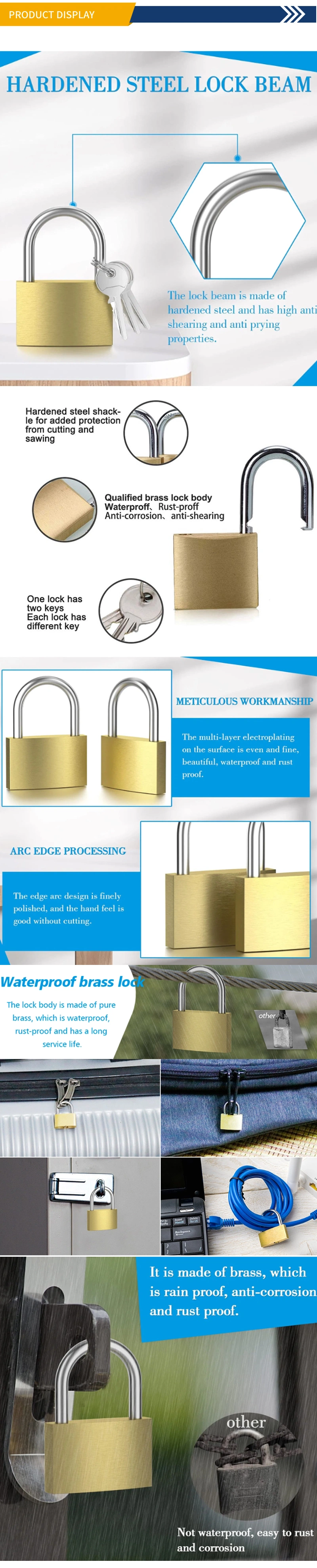 European Short Shackle Top Security Solid Padlock Nickle Plated Steel Crossed Keys Brass Padlock