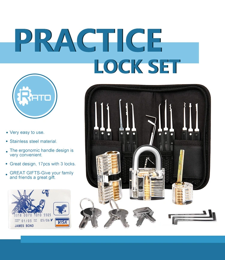 Cards and 3 Transparent Locks 17 Piece Locksmith Gift Training Set Lockpicking Tools Extractor Locksmith Picks