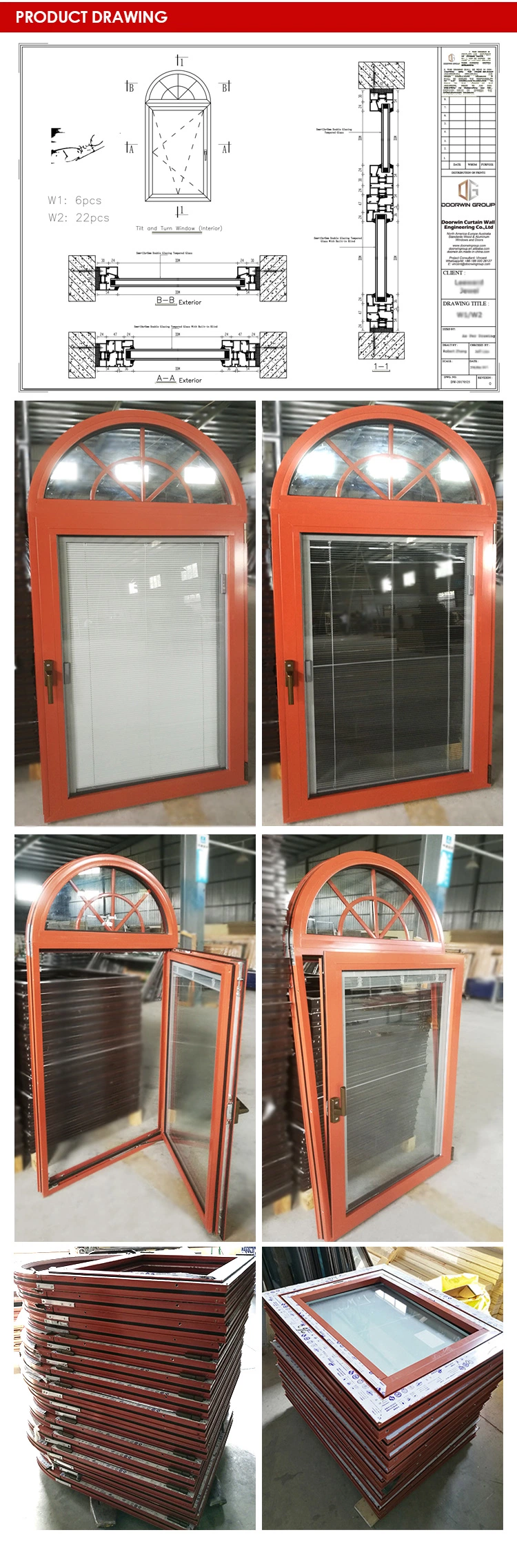 Wooden Color Aluminum Fixed Arch Top Windows