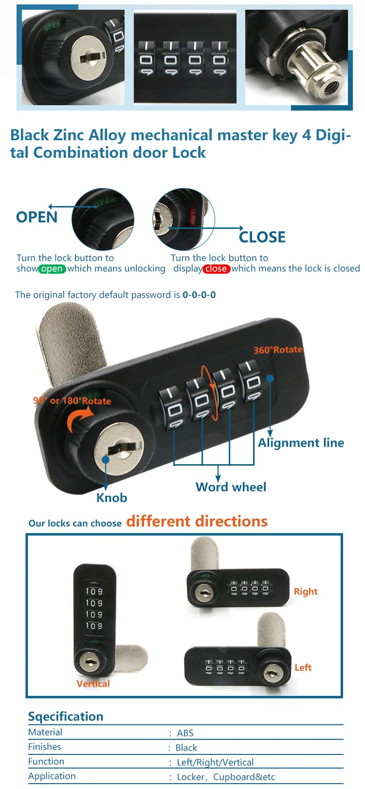 Master Key 4 Digital Gym Safety Drawer Furniture Mechanical Locker Wood Wooden Cabinet Code Combination Cam Lock