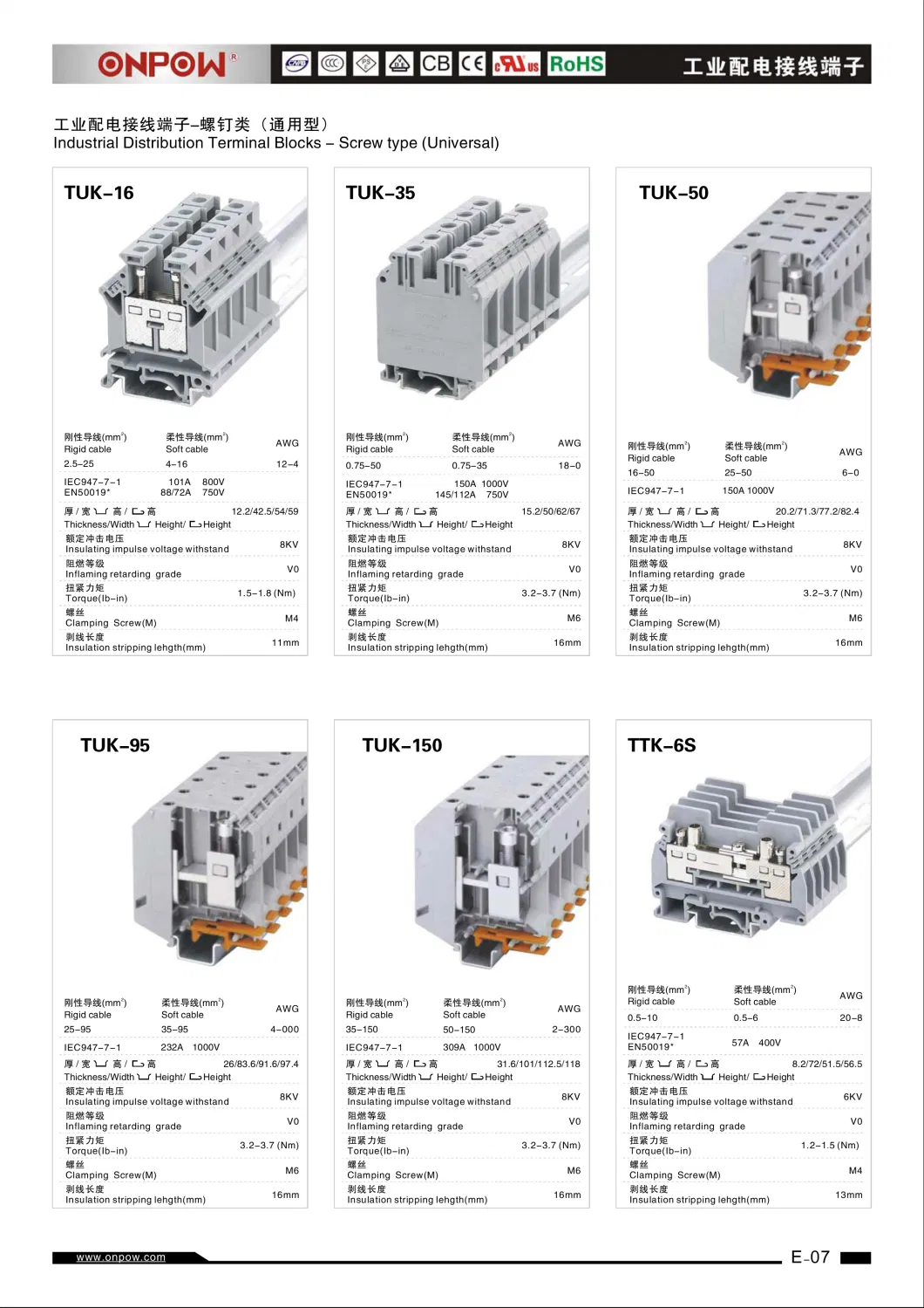 Onpow Industrial Distribution Terminal Blocks-Screw Type (Universa, TUK-35, Gray)