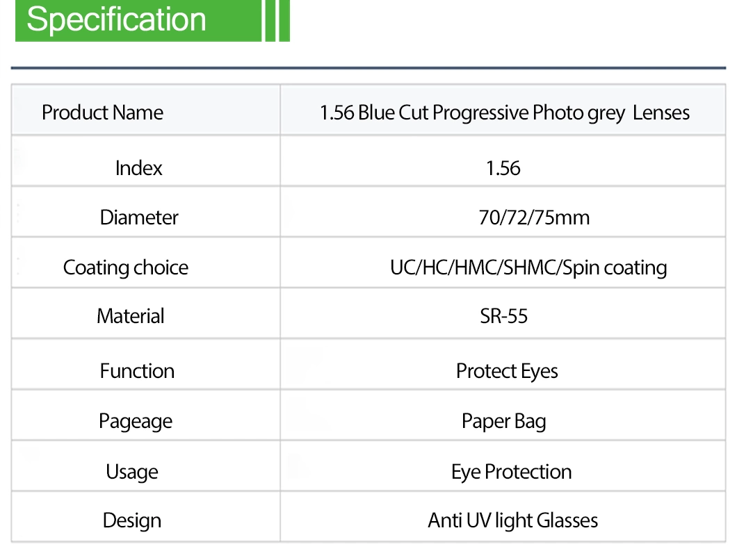 Single Vision Photochromic Blue Cut Optical Hmc Progressive Resin/Plastic Lens