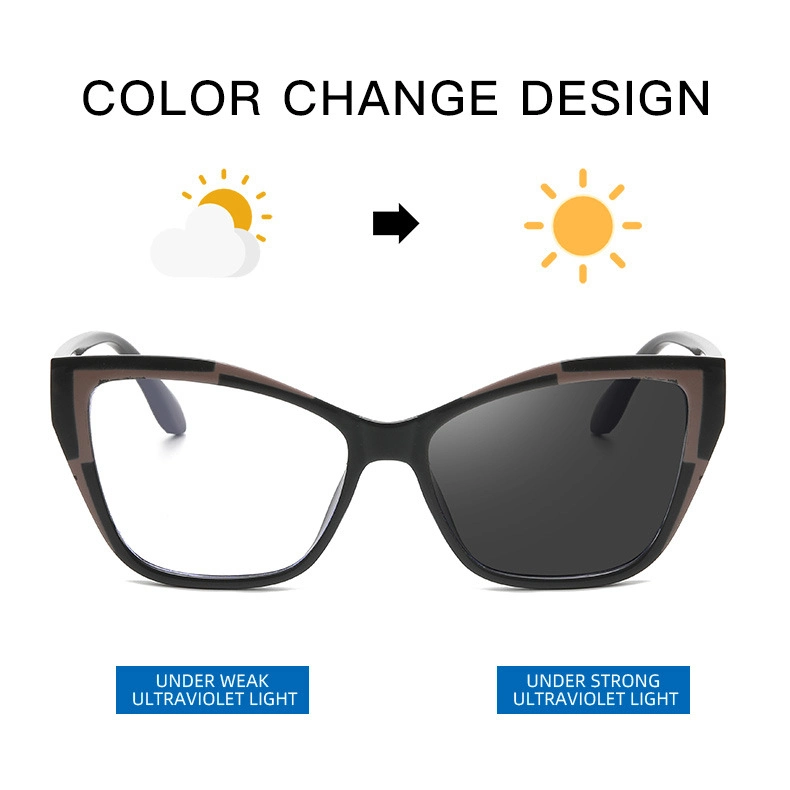 Trendy Fashion Photochromic Personality Metal Discoloration Cat Eye Anti-Blue Light Wholesale PC Glasses Men Women Eyewear