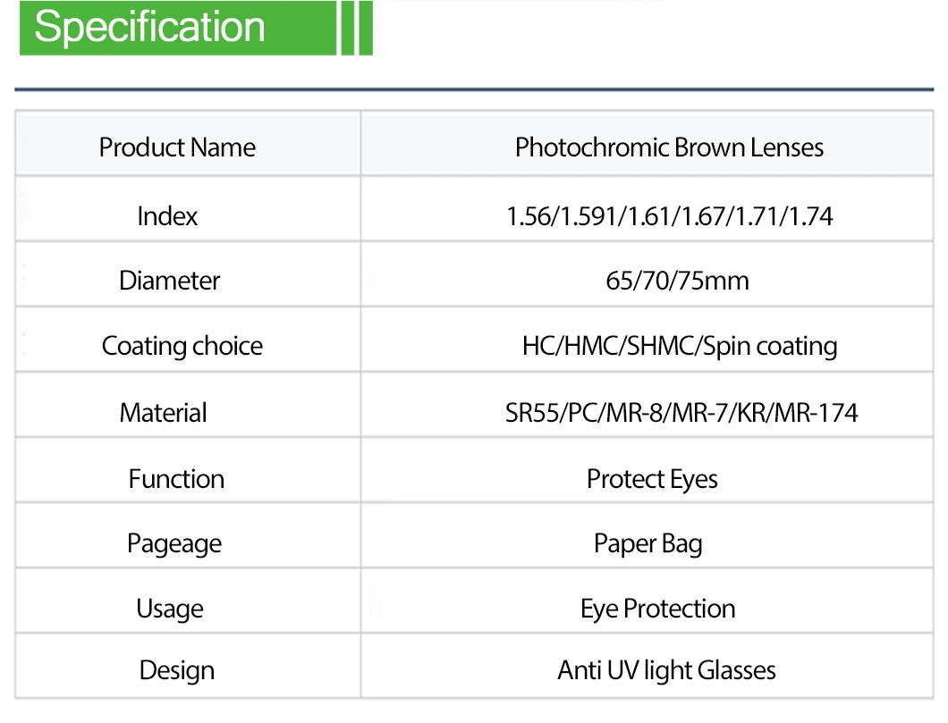 1.56 Photochromic Brown Hmc EMI Optical Lenses Eyeglasses