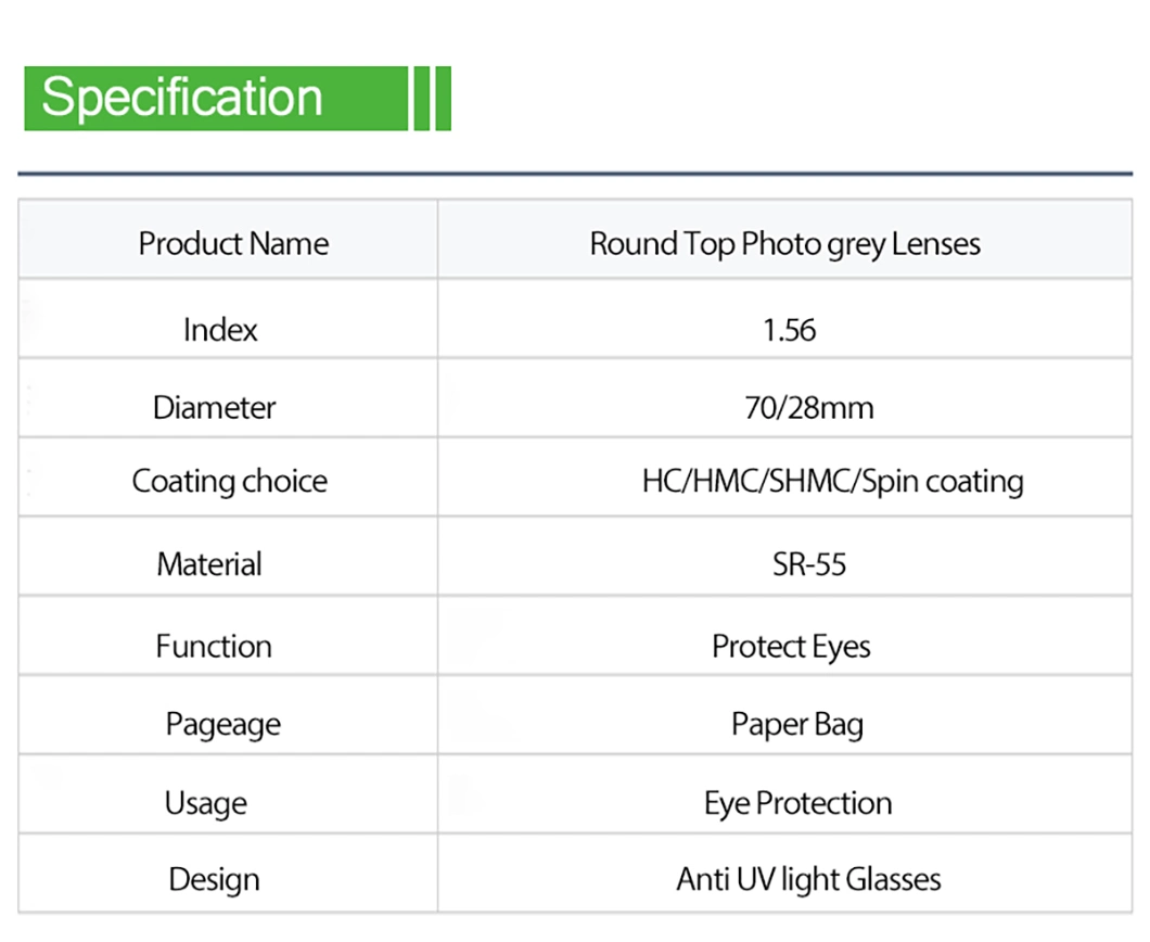 1.56 Bifocal Round Top Photochromic Grey Hmcoptical Lenses