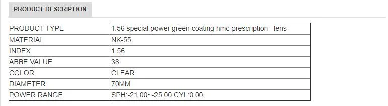 Finished 1.56 Special Green Coating UV400 Optical Lens