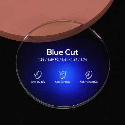 Lentes oftálmicos de resina con protección UV420 y bloqueo de luz azul, índice de refracción 1.56. Lentes de gafas HMC con corte azul.