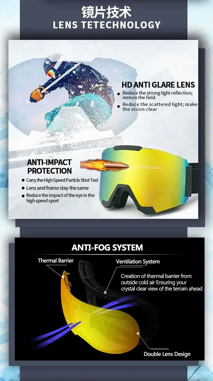 Factory Manufacturer Flexible TPU Super Anti-Fog Double Lens Ski/Snow Glasses