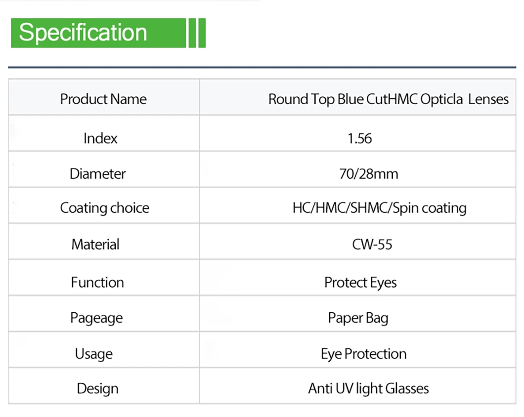 1.56 Bifocal Round Top Blue Block Hmc Optical Lenses