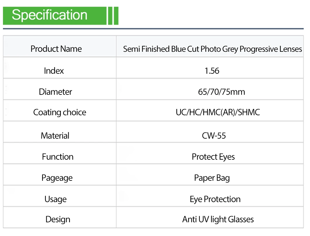 1.56 Semi Finished Progressive Photo Grey Blue Block Hc China Manufacture Optical Lenses