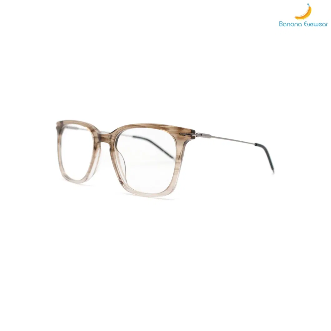 New Design Fashion Graduated Brown Square Rim with Metal Temple Anti-Blue Light Acetate Eyewear Frame