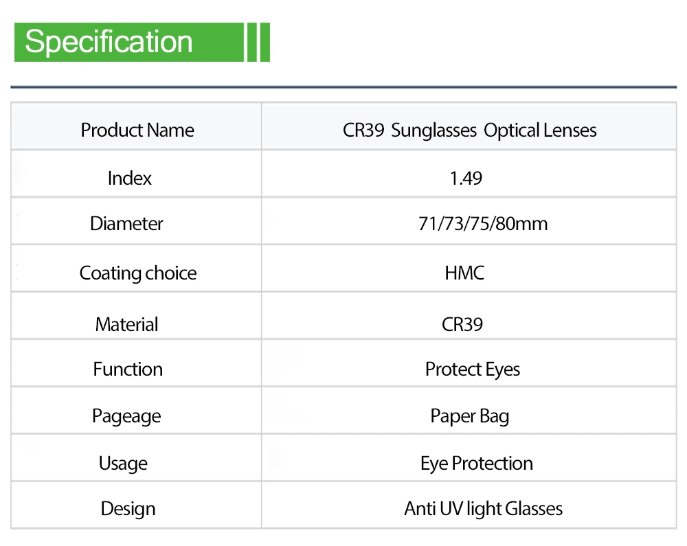 1.49 Cr39 Sunglasses Optical Lenses 73*1.8/2.0*6c/8c Hot Sale