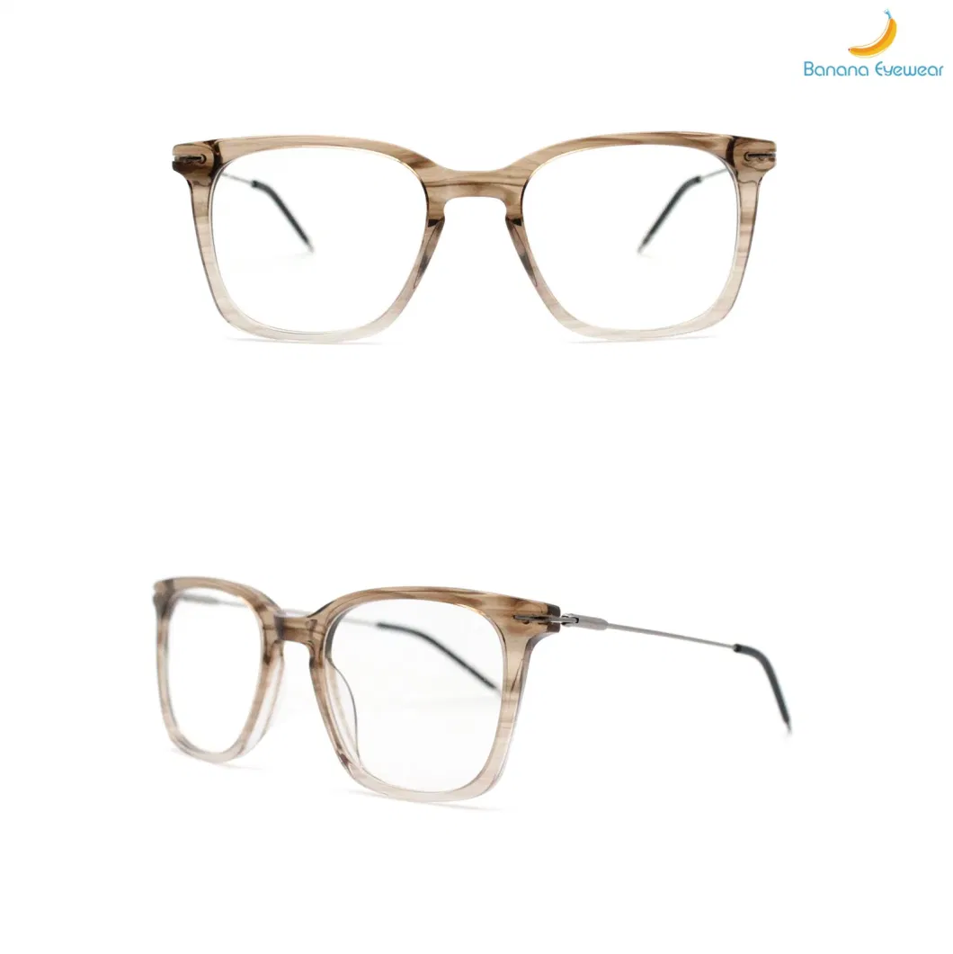 New Design Fashion Graduated Brown Square Rim with Metal Temple Anti-Blue Light Acetate Eyewear Frame