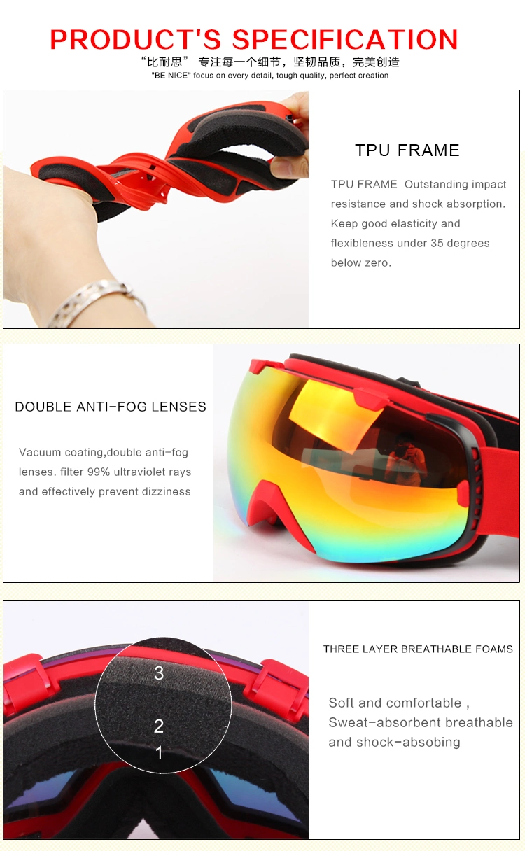 Ce FDA Certificate Snow Boarding Goggles Anti-Fog UV400 Ski Glasses for Adult