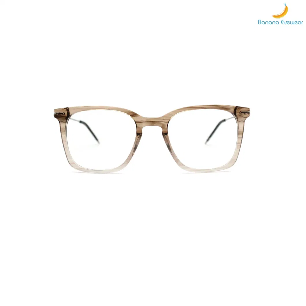 New Design Fashion Graduated Brown Square Rim with Metal Temple Anti-Blue Light Acetate Eyewear Frame