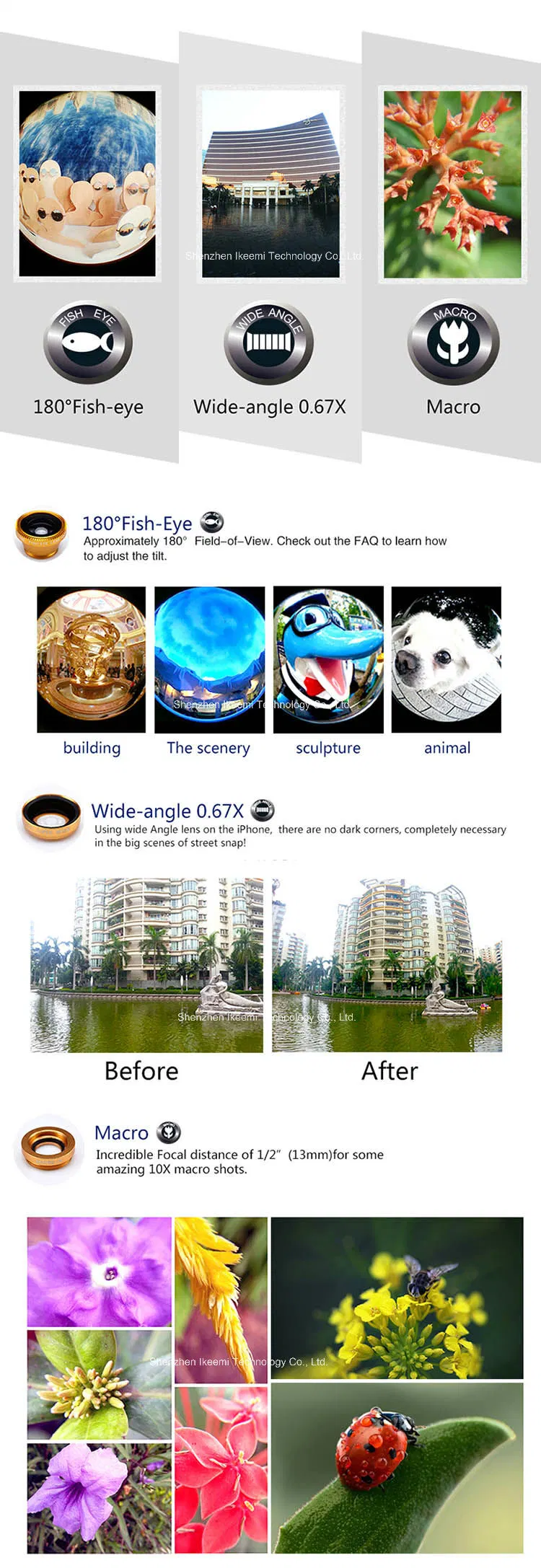 Wide-Angle, Macro and Fish Eye Mobile Phone Camera Lens