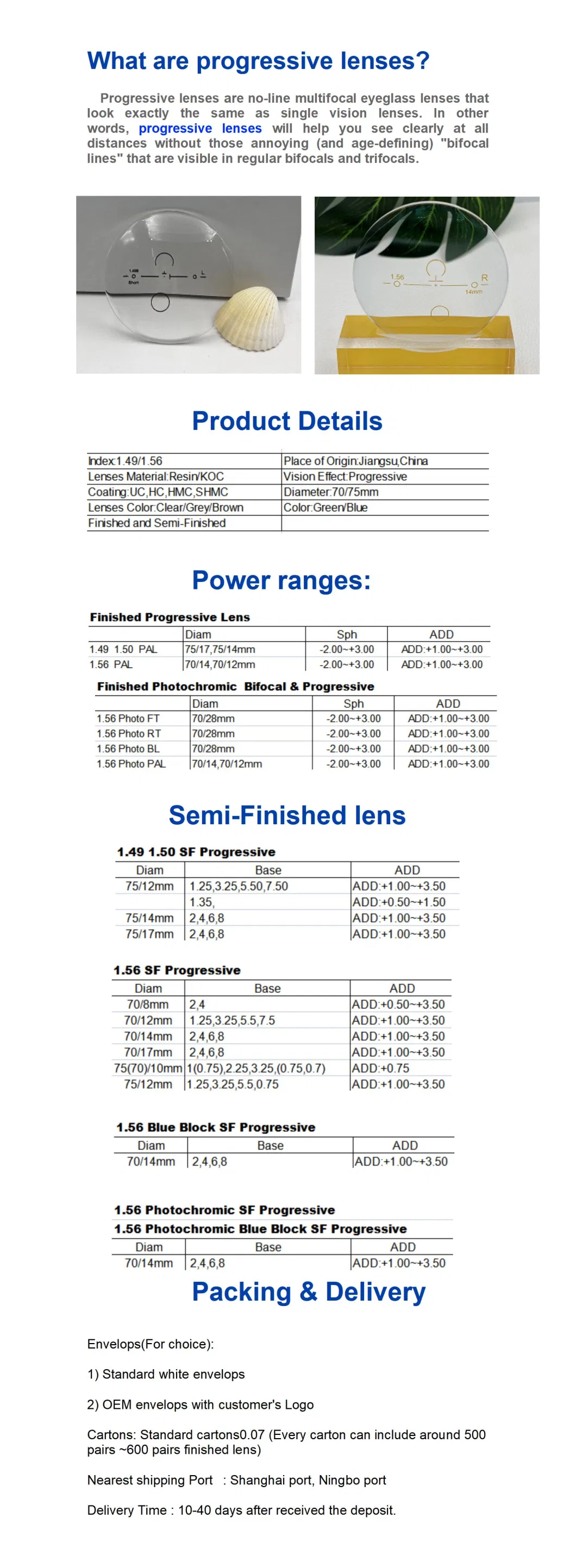 Glasses Lens 1.49 1.56 Progressive Optical Lenses Finished Progressive Lens Semi-Finished Progressive Lens