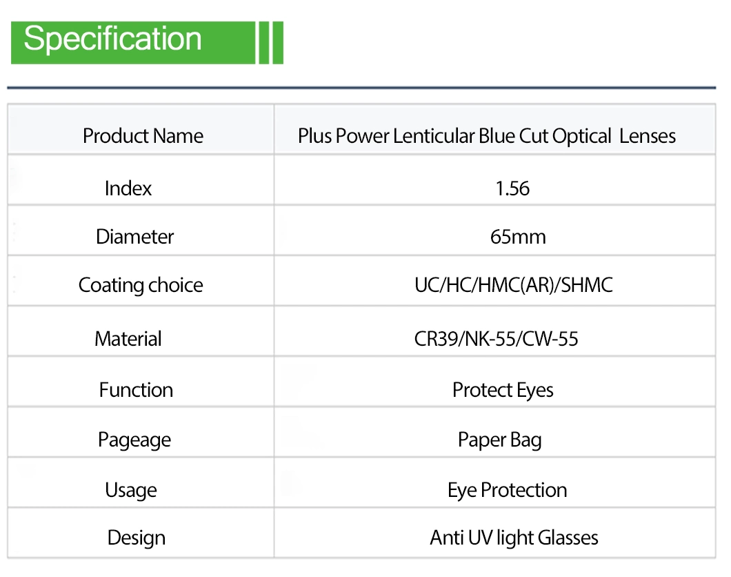 Middle Index 1.56 Plus Power Lenticular Blue Block Hmc EMI Eyeglasses Optical Lenses