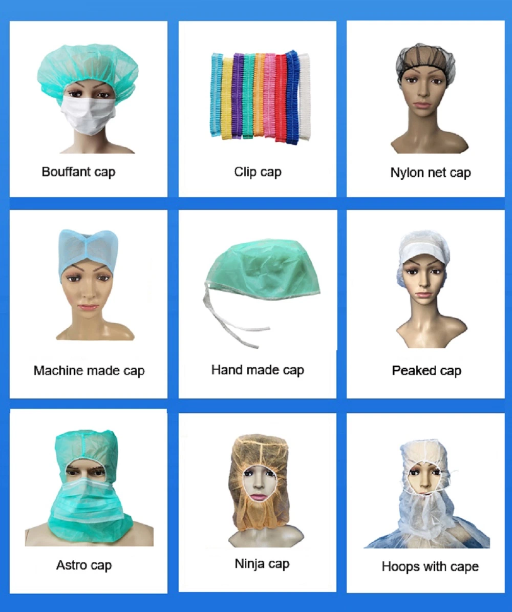 CE ISO13485 Disposable Non Woven PP Strip Protective Pleated Bouffant Hairnet Mesh Bar Doctor Medical Clip Surgical Bonnet Charlotte Nurse Hair Net Mob Cap