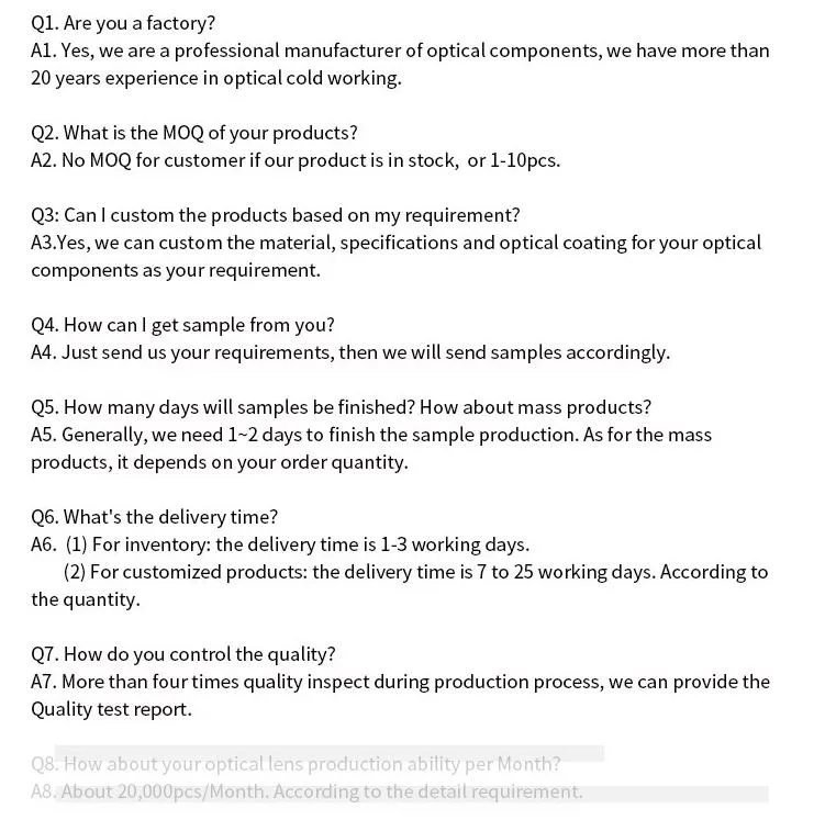 Custom Optical Glass Fused Silica Aspheric Lens with Anti-Reflective Coating