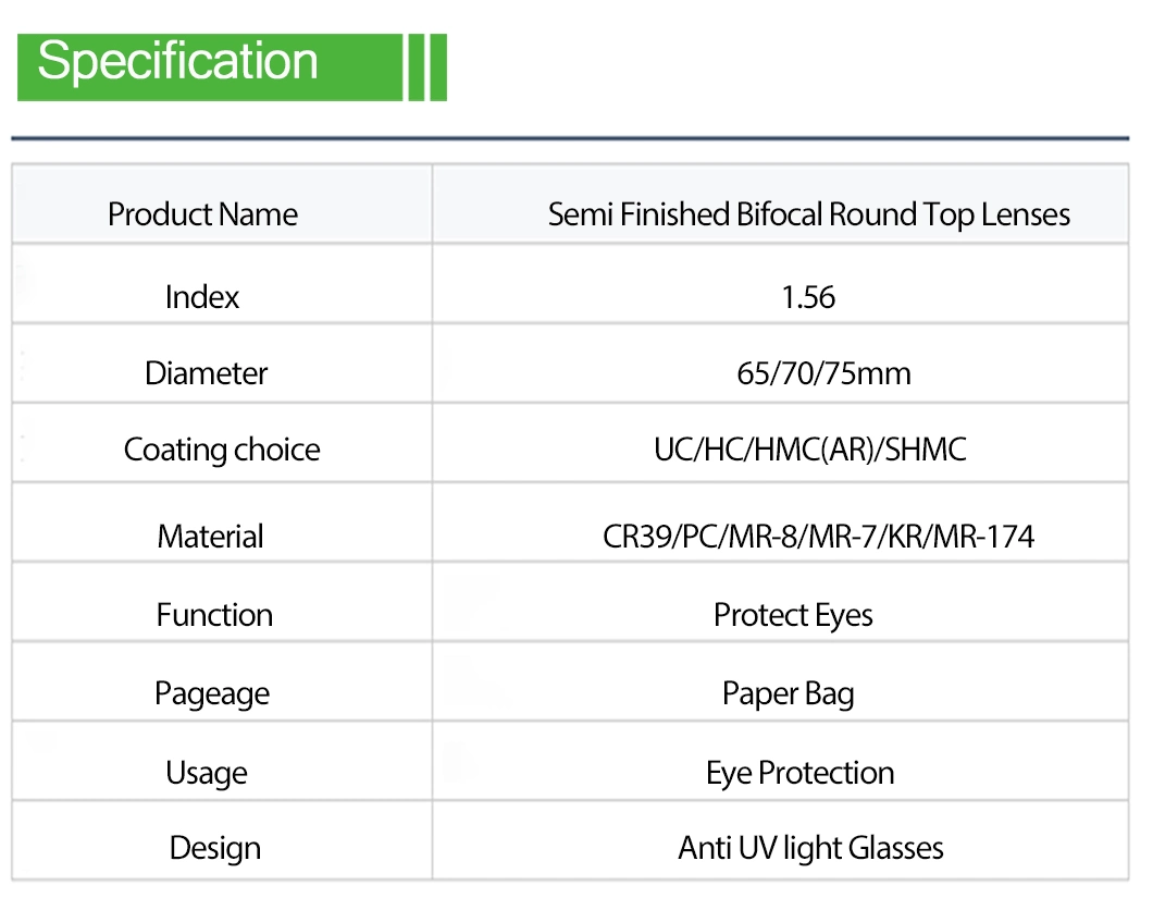 1.56 Semi Finished Bifocal Round Top Hc Optical Lenses