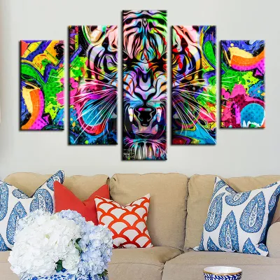  Custom estirado Lienzo en bastidor de madera de diseño de tigre, 5 paneles Pintura lienzo listo para colgar