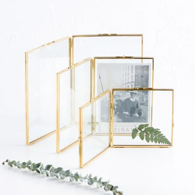 Conjuntos al por mayor decoración Casa Framed Acrílico Metal Luxury Brass Glass Marco de fotos dorado