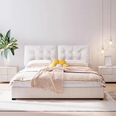  Diseño moderno de cama suave Cream Master Bedroom Muebles Tecnología moderna Estructura de tela de terciopelo