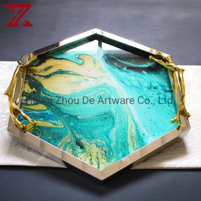 Comercio al por mayor de la bandeja de metal decorativos polaco hexagonal de la fruta seca de la bandeja de espejo de cristal