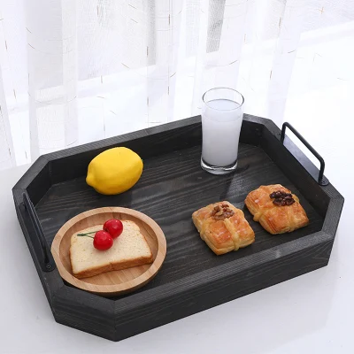 Vintage de personalización de la Paulownia rústicos de madera de pino//decorativos de madera que sirve en bandeja de metal negro con asas para comida o bebida/desayuno/precio de fábrica de té